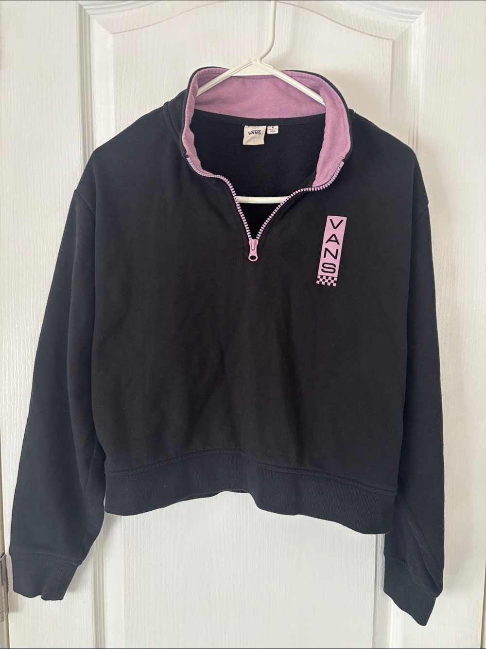 Vans Women's Black Sweatshirt with Lavender Trim Quarter-Zip MEDIUM
